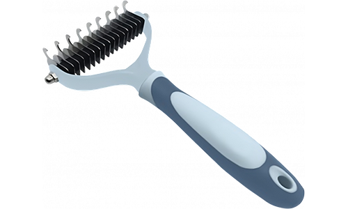 Blauwe ontwarringskam voor honden en katten, met roestvrijstalen messen en ergonomisch handvat voor comfortabel borstelen.