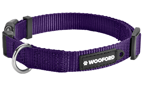 Paarse verstelbare hondenhalsband, stevige zilveren D-ring om hondenpenning te bevestigen, comfortabel en duurzaam nylon.