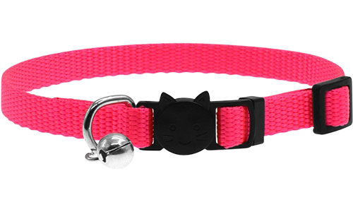 Verstelbare breakaway kattenhalsband in roze, lichtgewicht, met veiligheidsgesp en kleine zilveren bel.