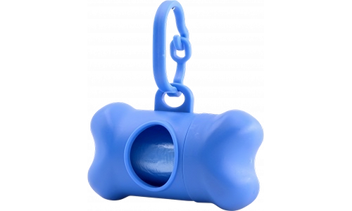 Hondenpoepzakhouder Blauwe botvormige hondenpoepzakdispenser, handig voor hondenbezitters. Bevestigbaar aan riemen voor snelle toegang.