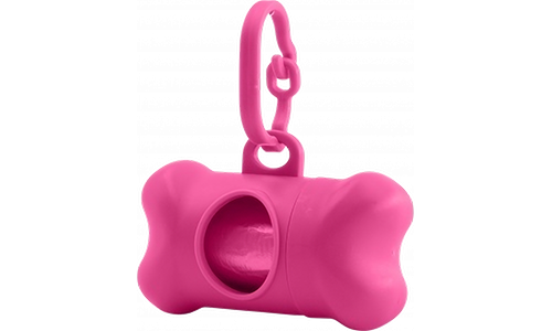 Roze botvormige hondenpoepzakdispenser, handig voor hondenbezitters. Bevestigbaar aan riemen voor snelle toegang.