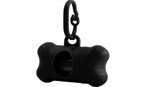 Zwarte botvormige hondenpoepzakdispenser, handig voor hondenbezitters. Bevestigbaar aan riemen voor snelle toegang.