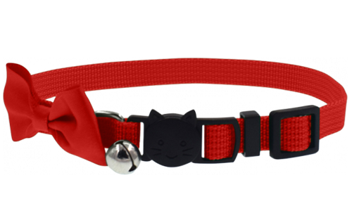 Rode kattenhalsband met strik en breakaway sluiting, verstelbaar en lichtgewicht, met bel voor charme en veiligheid.