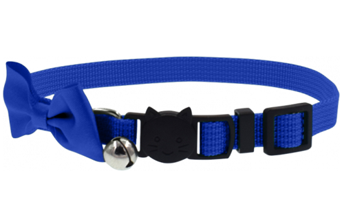 Blauwe kattenhalsband met strik en breakaway sluiting, verstelbaar en lichtgewicht, met bel voor charme en veiligheid.