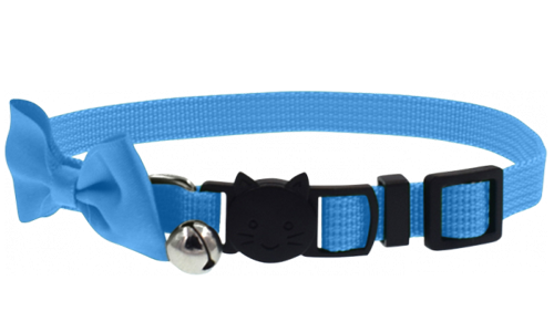Lichtblauwe kattenhalsband met strik en breakaway sluiting, verstelbaar en lichtgewicht, met bel voor veiligheid.