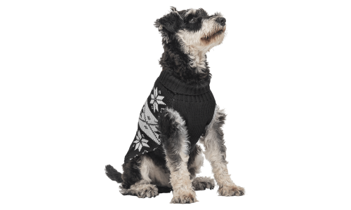 Zwarte wintertrui voor honden met wit sneeuwvlokpatroon, wasbaar, biedt warmte en feestelijke stijl.