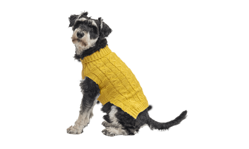 Gele warme katoenen trui voor honden met kabelbreipatroon, extra bescherming, houdt honden warm in koud weer.