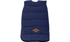 Marineblauw winddicht honden wintervest, comfortabele pasvorm, polyester voor warmte en bescherming in koud weer.