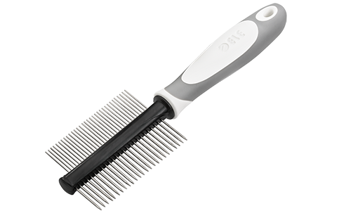 Dubbelzijdige Hondenkam Dubbelzijdige hondenkam met ergonomisch handvat, fijne en brede metalen tanden voor ontwarren en trimmen.