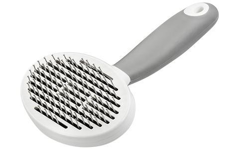 Zelfreinigende pinnenborstel voor honden en katten met ergonomisch handvat, voor het verwijderen van losse vacht.