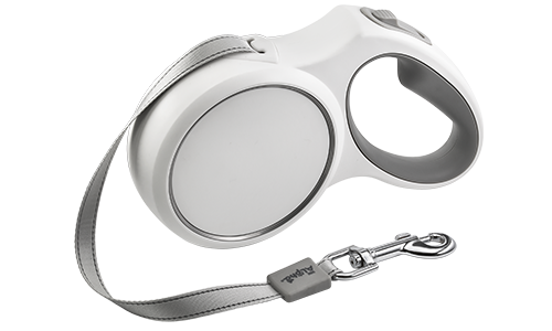 Reflecterende Nylon Intrekbare Hondenriem Witte retractable hondenriem met ergonomisch grijs handvat, tot 5 meter, met stevige clip voor veilige bevestiging.