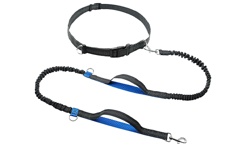 Blauwe handsfree hardloophondenriem, 70-120 cm, 2,5 cm breed, verstelbare riem, gewatteerde handvatten.