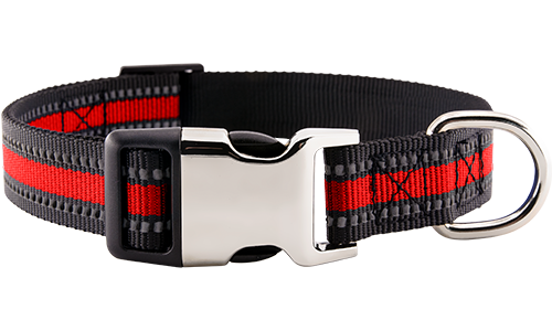 Reflecterende rode hondenhalsband met verstelbare metalen gesp, 40-63cm lang, 2.5cm breed, met D-ring voor riem.