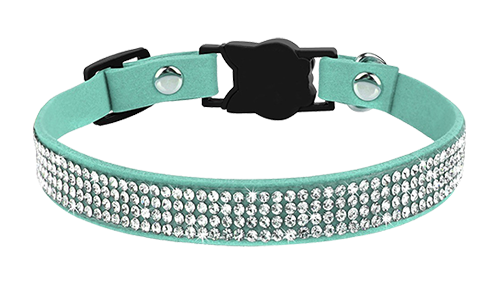 Luxe turquoise breakaway kattenhalsband met kristallen, verstelbaar en lichtgewicht voor comfort, met kattenvormige gesp.