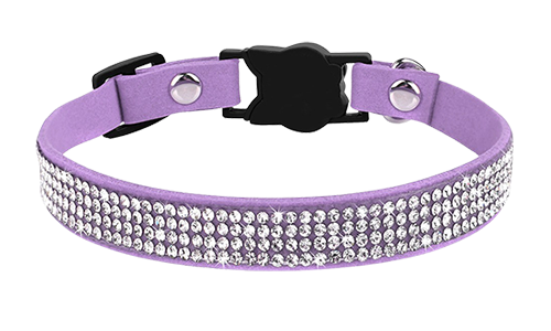 Luxe paarse breakaway kattenhalsband met kristallen, lichtgewicht voor comfort, kattenvormige gesp en paarse bel.