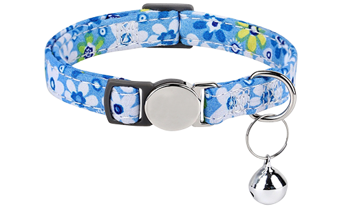 Blauwe kattenhalsband met bloemenpatroon, breakaway sluiting, metalen gesp, verstelbaar, lichtgewicht, met zilveren bel.