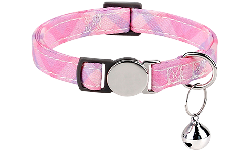 Roze kattenhalsband met ruitpatroon, breakaway sluiting, metalen gesp, verstelbaar, lichtgewicht, met zilveren bel.