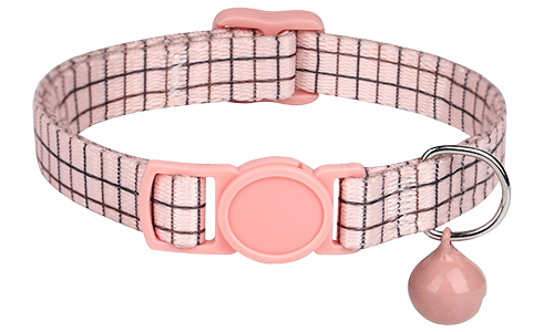 Roze geruite breakaway kattenhalsband, verstelbaar en lichtgewicht, met bijpassende roze gesp en bel.