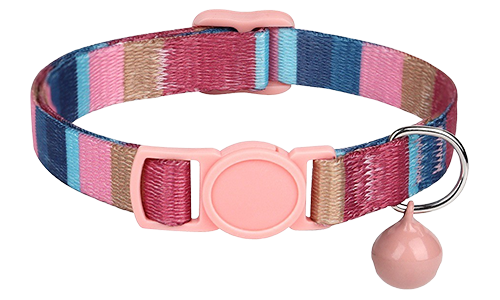 Gestreepte roze breakaway kattenhalsband, verstelbaar en lichtgewicht, met bijpassende roze gesp en bel.