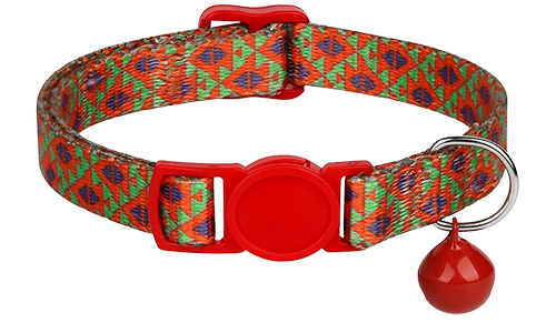 Vibrant geometrisch patroon breakaway rode kattenhalsband, verstelbaar en lichtgewicht, met bijpassende rode gesp en bel.