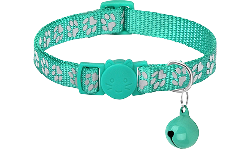 Turquoise paw-patroon breakaway kattenhalsband, verstelbaar en lichtgewicht, reflecterend met bijpassende bel.