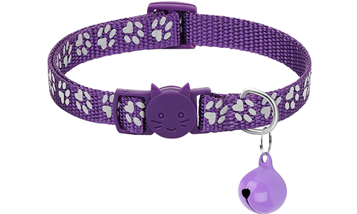 Paarse paw-patroon breakaway kattenhalsband, verstelbaar en lichtgewicht, reflecterende functie met bijpassende bel.