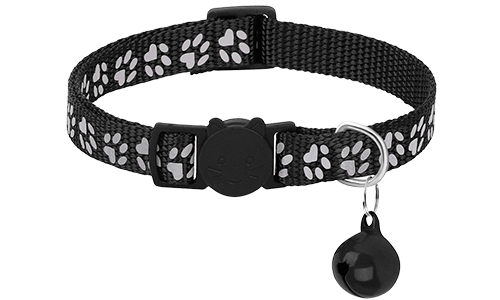 Zwarte paw-patroon breakaway kattenhalsband, verstelbaar en lichtgewicht, veiligheidsgesp met bijpassende bel.
