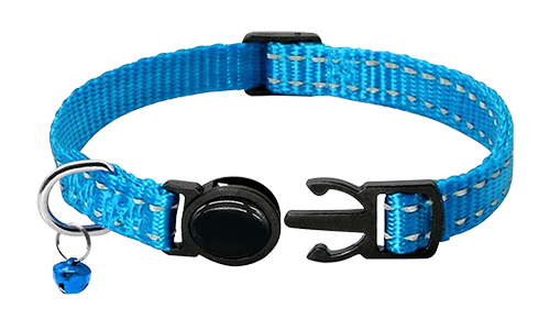 Reflecterende blauwe breakaway kattenhalsband, verstelbaar 21-34cm lengte en 1cm breed, reflecterend en lichtgewicht nylon.