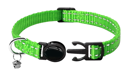 Reflecterende groene breakaway kattenhalsband, verstelbaar 21-34cm lengte en 1cm breed, reflecterend en lichtgewicht nylon.