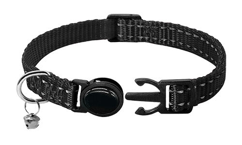 Reflecterende zwarte breakaway kattenhalsband, verstelbaar 21-34cm lengte en 1cm breed, reflecterend en lichtgewicht nylon.