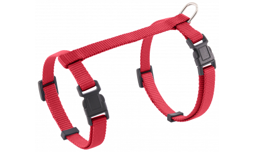 Rood kattenharnas met verstelbare riemen en metalen D-ring voor riem, voor veilig en comfortabel gebruik.