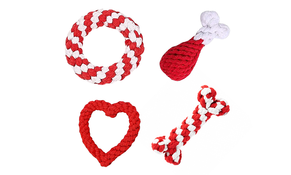 Touw Hondenspeelgoed Set - 4 stuks Set van vier touwspeeltjes voor honden in rood en wit, inclusief ring, drumstick, hart en botvorm, voor interactief spel.