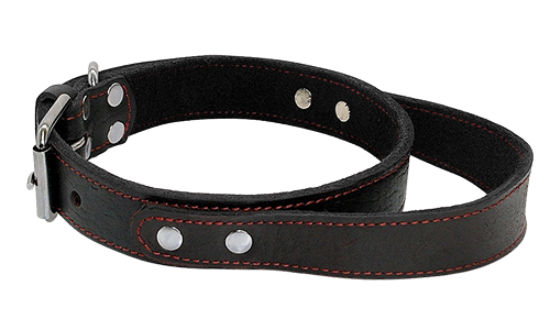 Zwarte leren hondenhalsband met quick-grab handvat, stevig en handig, verstelbare pasvorm, duurzaam ontwerp.