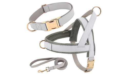 Zilver hondenharnas kit met bijpassende halsband en riem, lichtgewicht, duurzaam, comfortabele en veilige pasvorm.