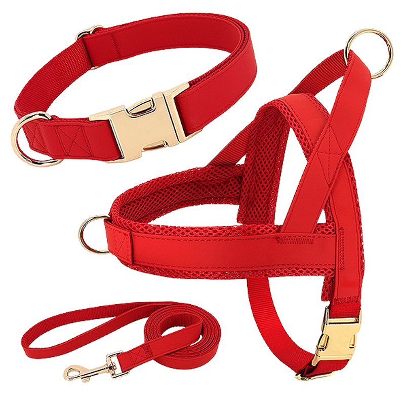 Hondenharnasset met Halsband en riem Rood hondenharnas kit met bijpassende halsband en riem, lichtgewicht, duurzaam, comfortabele en veilige pasvorm.