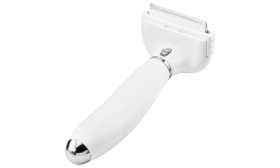 Kleine witte ontmijtborstel voor honden met fijne metalen tanden en handvat, vermindert verharing.