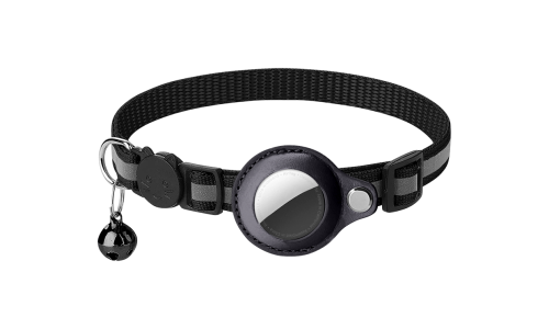 Reflecterende zwarte breakaway kattenhalsband met AirTag-houder, verstelbaar en lichtgewicht, met zwarte bel.