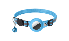Reflecterende blauwe breakaway kattenhalsband met AirTag-houder, verstelbaar en lichtgewicht, met blauwe bel.