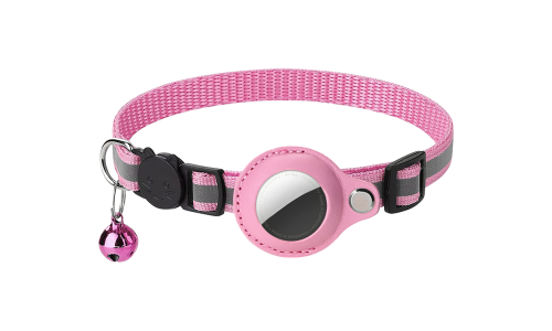 Reflecterende roze breakaway kattenhalsband met AirTag-houder, verstelbaar en lichtgewicht voor comfort, met roze bel.