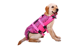 Zeemeermin-thema honden reddingsvest in roze met schubbenpatroon, voor drijfvermogen. Geschikt voor verschillende honden.