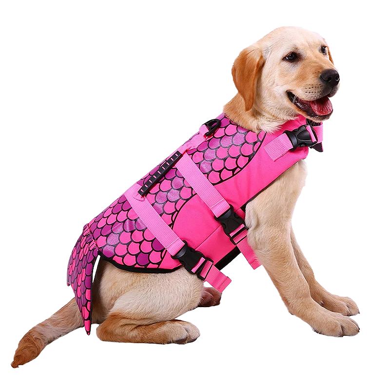 Stijlvol hondenzwemvest - Zeemeermin Zeemeermin-thema honden reddingsvest in roze met schubbenpatroon, voor drijfvermogen. Geschikt voor verschillende honden.