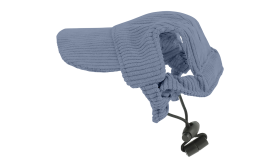 Corgi draagt een ademende blauwe honden sporthoed, lichtgewicht, van hoge kwaliteit, modieuze uitstraling.