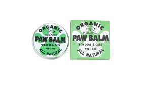 Groene en witte tin en doos met biologische pootbalsem voor honden en katten, 60g, voor het beschermen van pootkussentjes.