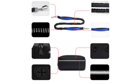 Blauwe handsfree hondenriem met reflecterende stiksels, verstelbare tailleband, opbergtasje, 27-48 inch.