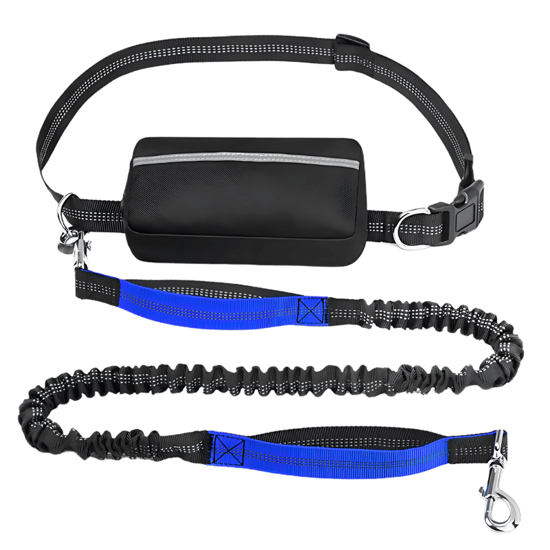Handsfree Hondenriem met Verstelbare Borstriem en Etui Blauwe handsfree hondenriem met verstelbare tailleband en opbergtasje, verstelbaar van 27 tot 48 inch, voor veilig hardlopen.