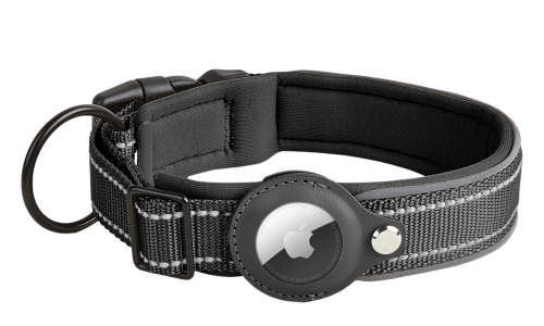 Zwarte reflecterende hondenhalsband met AirTag-houder, verstelbaar, lichtgewicht nylon, voor tracking en zichtbaarheid.