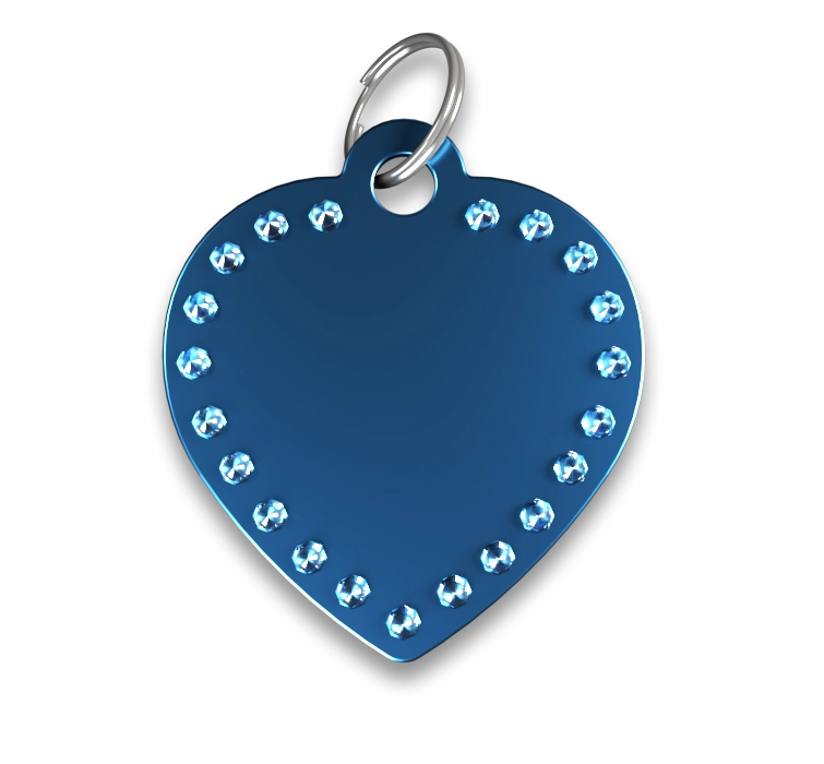 Gegraveerde Hondenpenning Luxe Hart Blauwe luxe hartvormige hondenpenning met strasssteentjes en zilveren ring, personaliseerbaar met gegraveerde hondennaam.