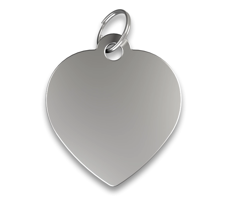 Gegraveerde Hondenpenning Hart Zilveren hartvormige hondenpenning met gladde afwerking, zilveren ring, personaliseerbaar met gegraveerde hondennaam.