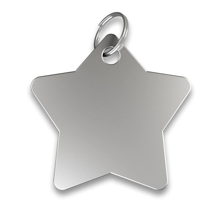Gegraveerde Hondenpenning Ster Zilveren stervormige hondenpenning met gladde afwerking, zilveren ring, personaliseerbaar met gegraveerde hondennaam.