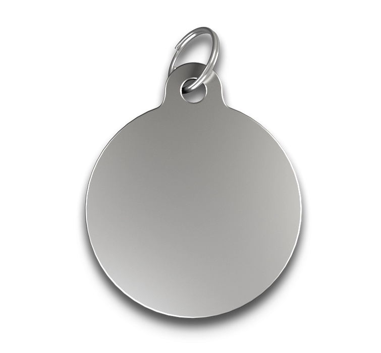 Gegraveerde Hondenpenning C-Rond Zilveren C-ronde hondenpenning met gladde afwerking, zilveren ring, personaliseerbaar met gegraveerde hondennaam.